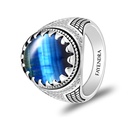 Sterling Silver 925 Ring Rhodium Plated Embedded With BLUE TIGER EYE And White CZ
