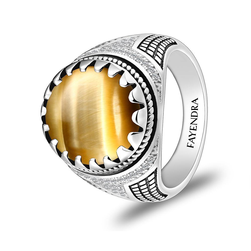 Sterling Silver 925 Ring Rhodium Plated Embedded With GOLD TIGER EYE And White CZ