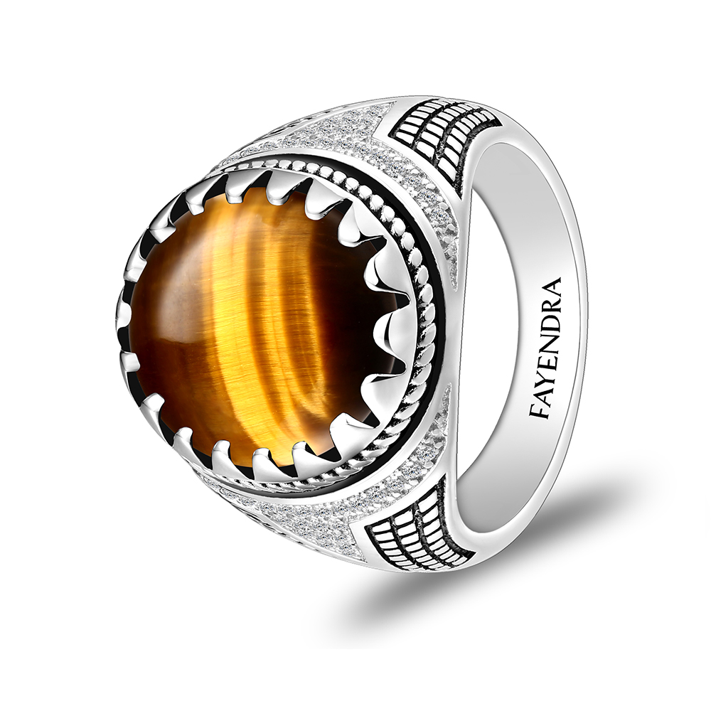 Sterling Silver 925 Ring Rhodium Plated Embedded With YELLOW TIGER EYE And White CZ