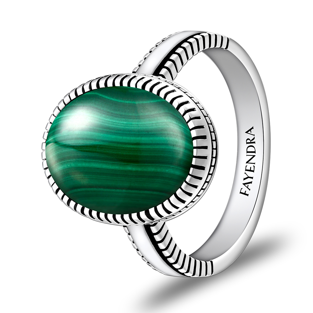 Sterling Silver 925 Ring Rhodium Plated Embedded With Malachite