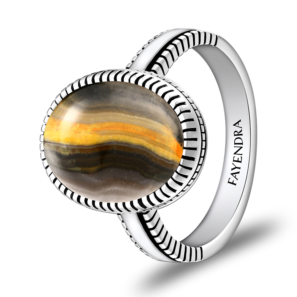 Sterling Silver 925 Ring Rhodium Plated Embedded With YELLOW TIGER EYE