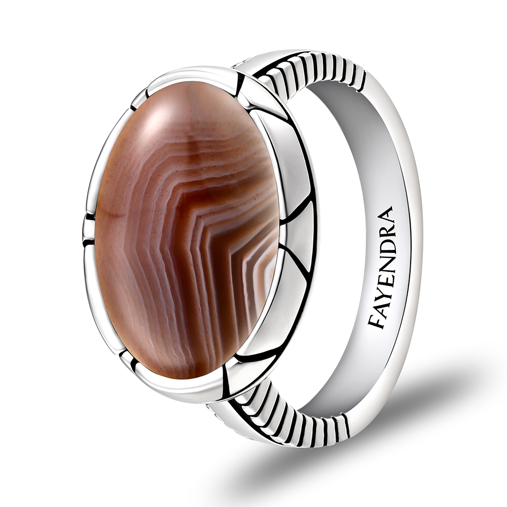 Sterling Silver 925 Ring Rhodium Plated Embedded With BOTSWANA AGATE