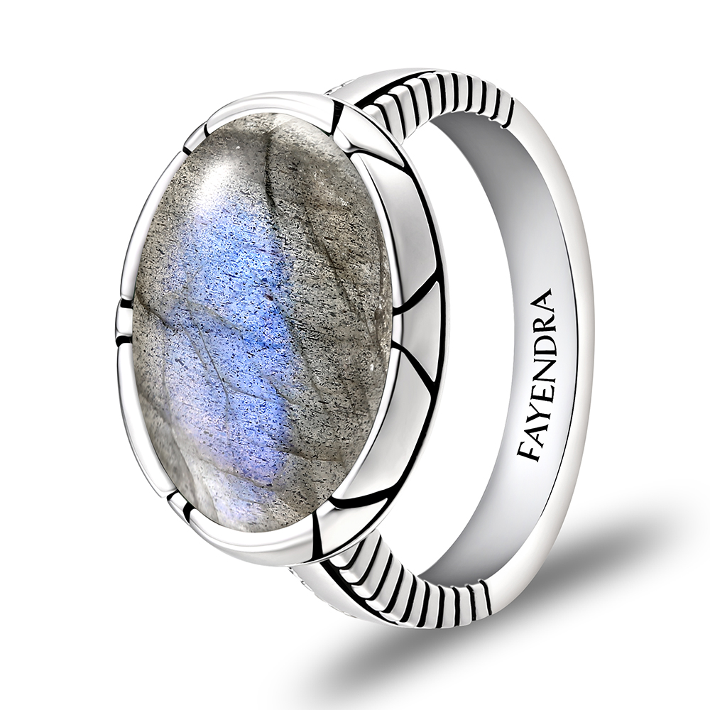 Sterling Silver 925 Ring Rhodium Plated Embedded With LABRADORITE