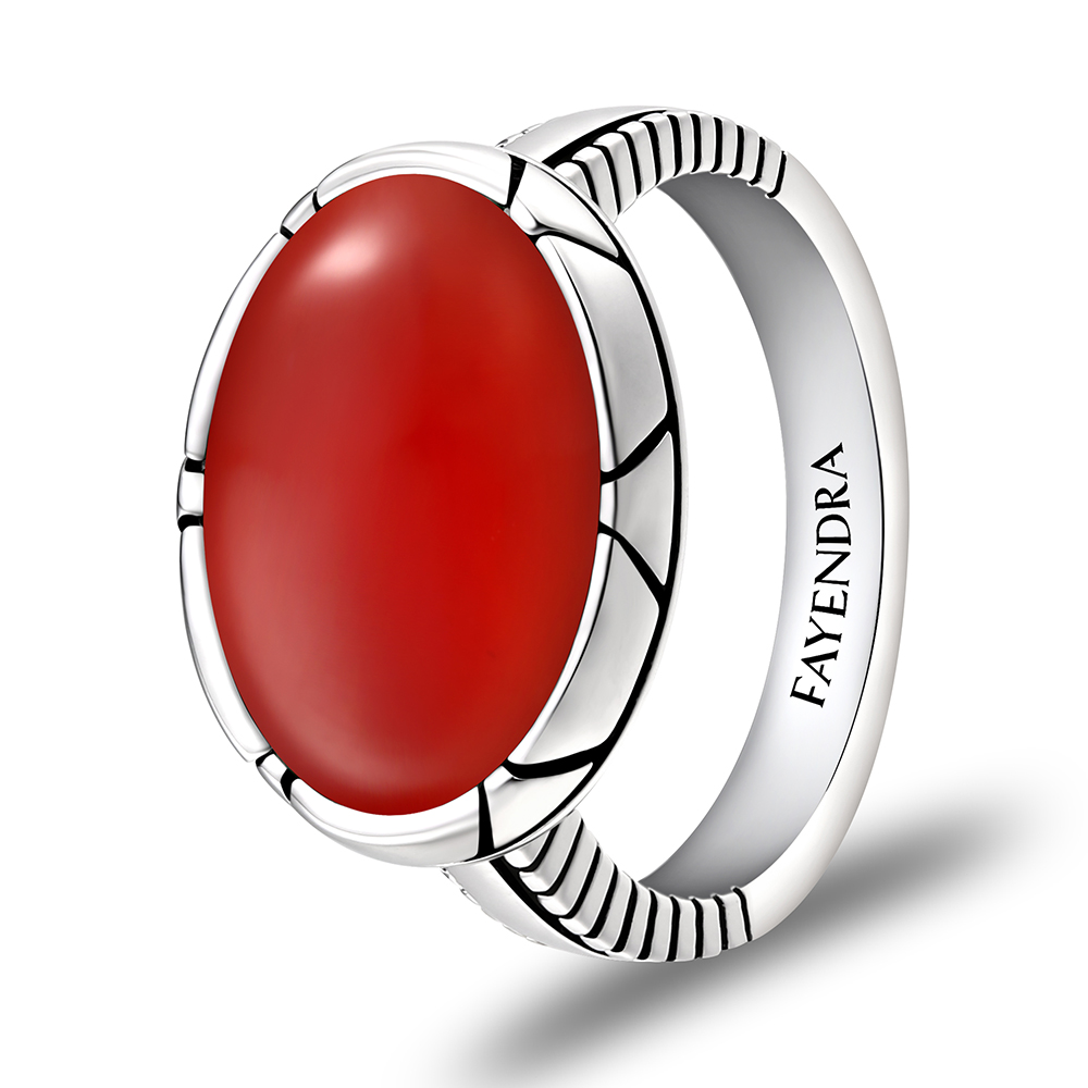 Sterling Silver 925 Ring Rhodium Plated Embedded With RED AGATE