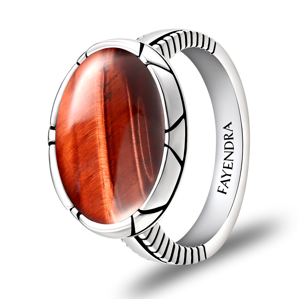 Sterling Silver 925 Ring Rhodium Plated Embedded With RED TIGER EYE