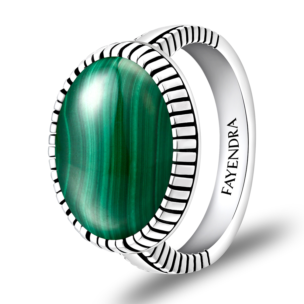 Sterling Silver 925 Ring Rhodium Plated Embedded With Malachite