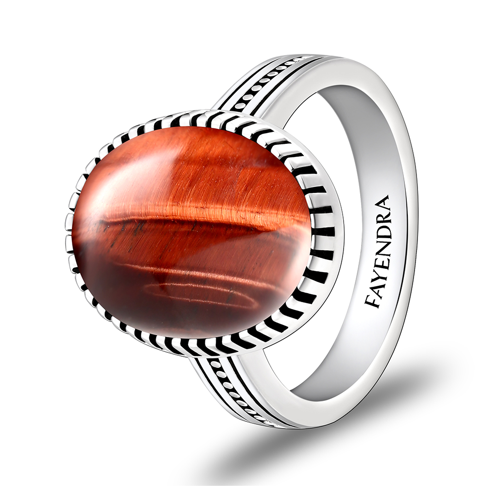 Sterling Silver 925 Ring Rhodium Plated Embedded With RED TIGER EYE