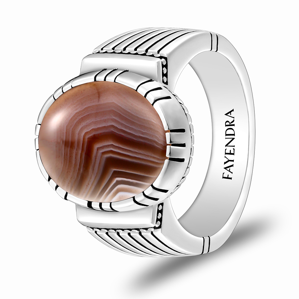 Sterling Silver 925 Ring Rhodium Plated Embedded With BOTSWANA AGATE