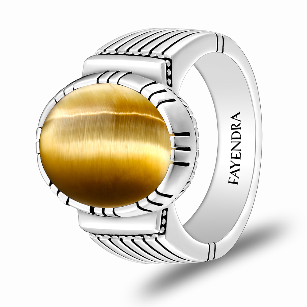 Sterling Silver 925 Ring Rhodium Plated Embedded With GOLD TIGER EYE