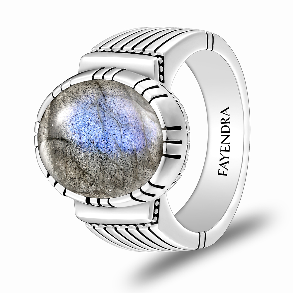 Sterling Silver 925 Ring Rhodium Plated Embedded With LABRADORITE