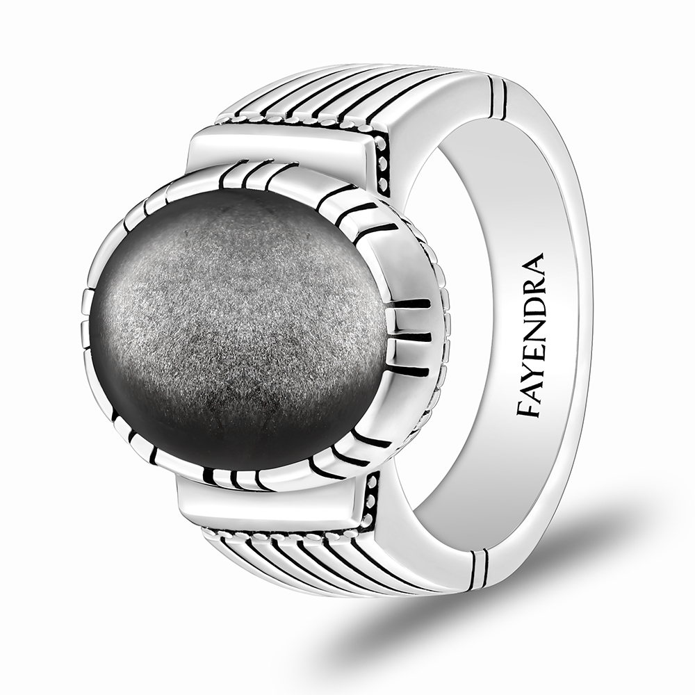 Sterling Silver 925 Ring Rhodium Plated Embedded With SILVER OBSIDIAN