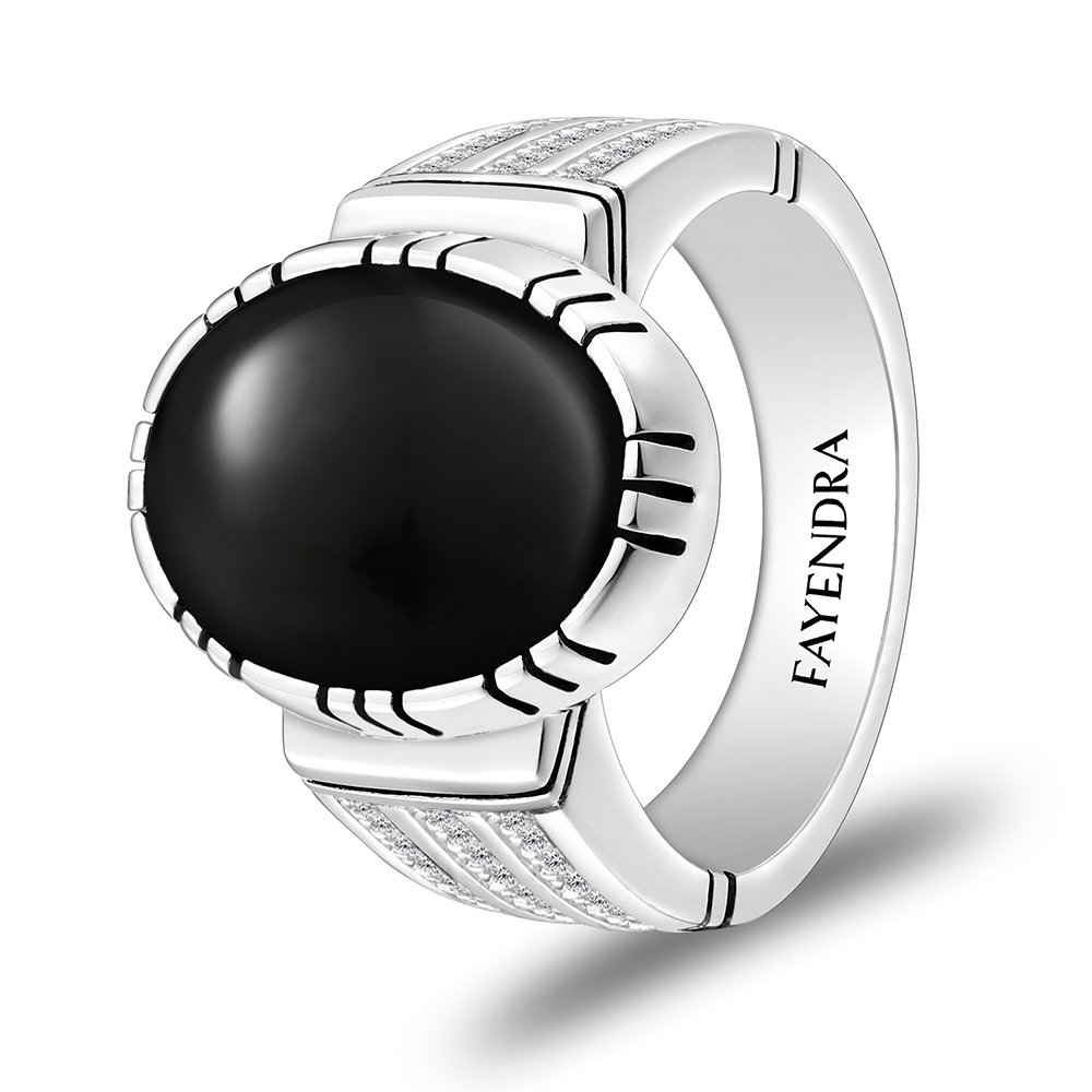 Sterling Silver 925 Ring Rhodium Plated Embedded With Black Agate And White CZ