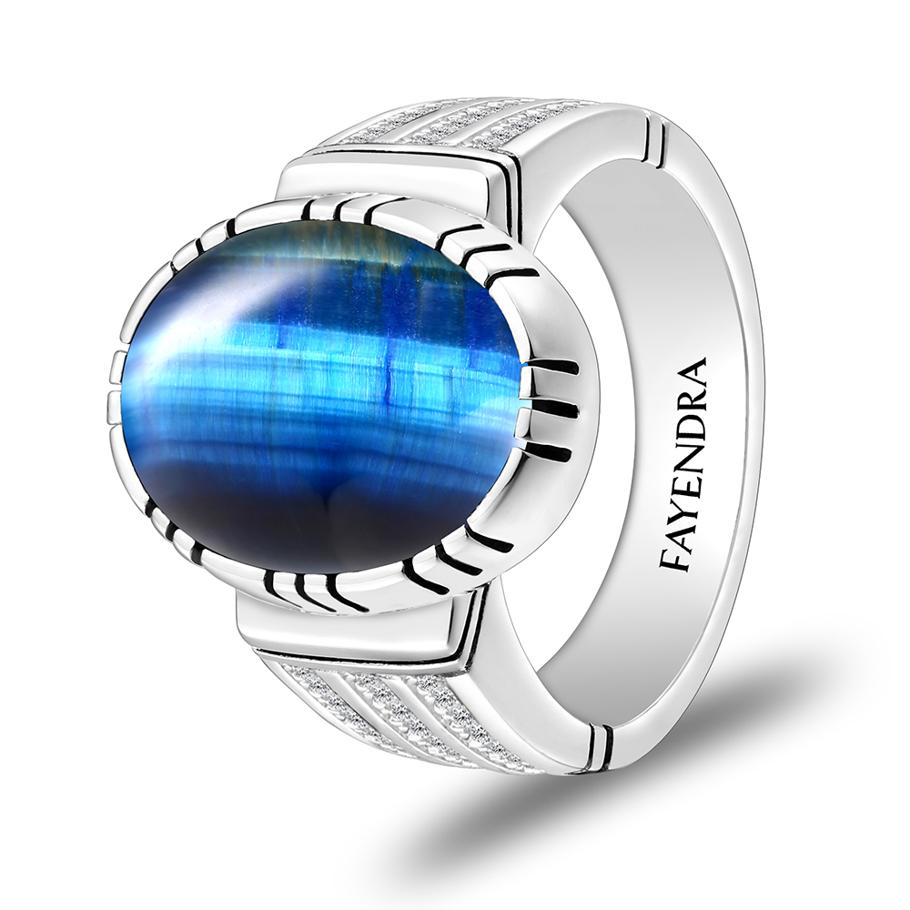 Sterling Silver 925 Ring Rhodium Plated Embedded With BLUE TIGER EYE And White CZ