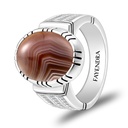 Sterling Silver 925 Ring Rhodium Plated Embedded With BOTSWANA AGATE And White CZ