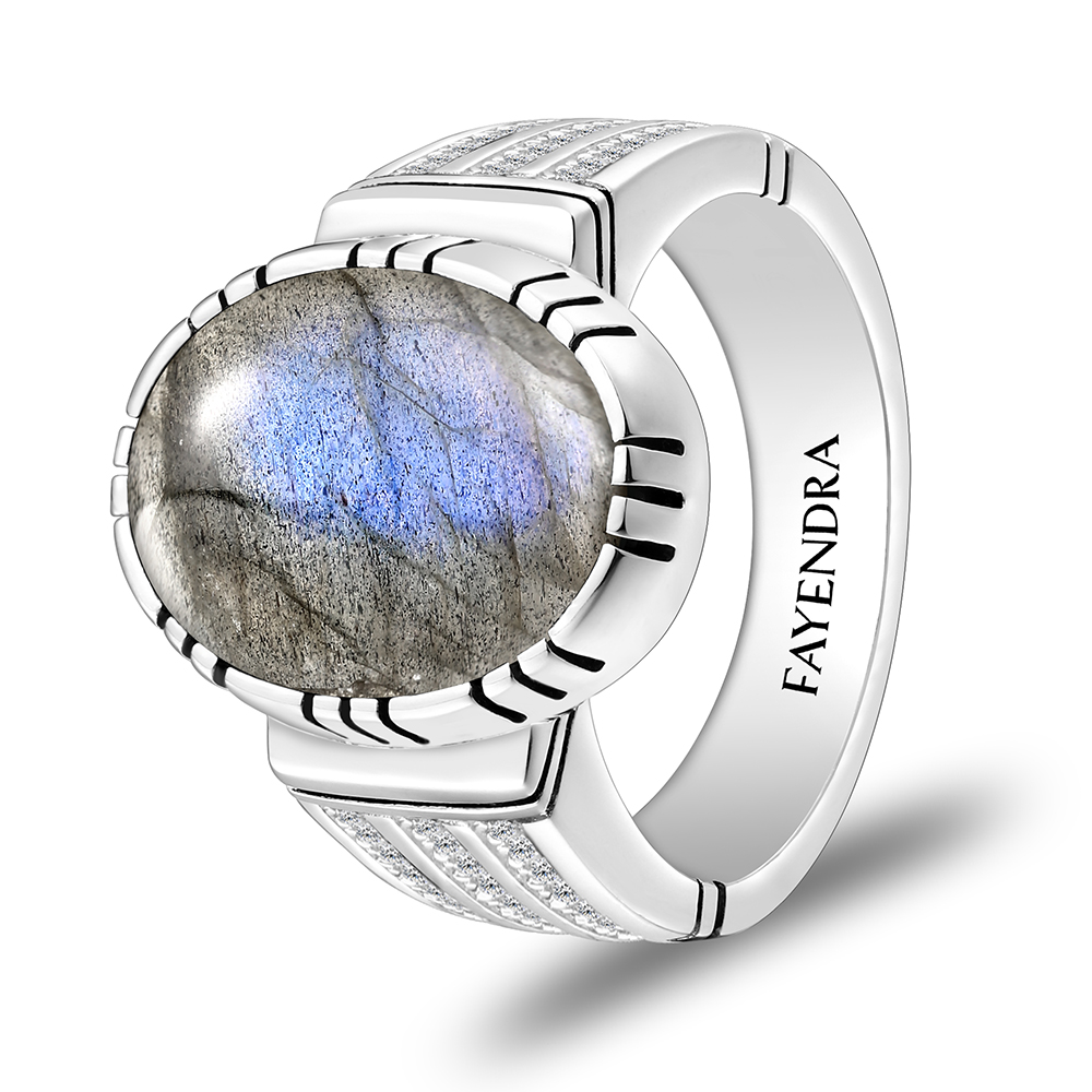 Sterling Silver 925 Ring Rhodium Plated Embedded With LABRADORITE And White CZ