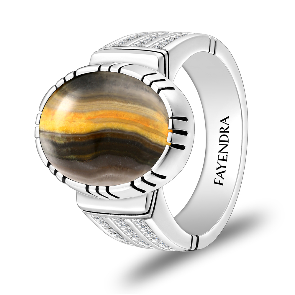 Sterling Silver 925 Ring Rhodium Plated Embedded With YELLOW TIGER EYE And White CZ