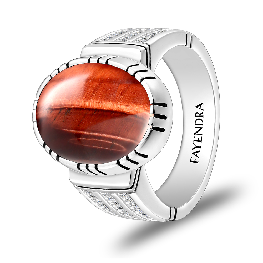 Sterling Silver 925 Ring Rhodium Plated Embedded With RED TIGER EYE And White CZ