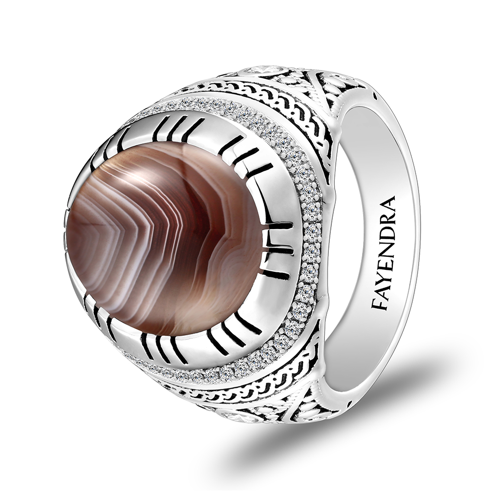 Sterling Silver 925 Ring Rhodium Plated Embedded With BOTSWANA AGATE And White CZ