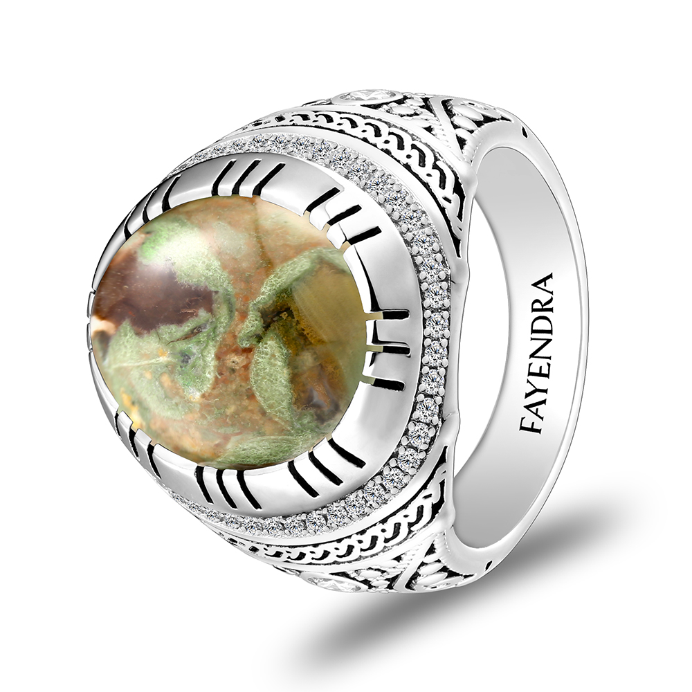 Sterling Silver 925 Ring Rhodium Plated Embedded With RHYOLITE And White CZ