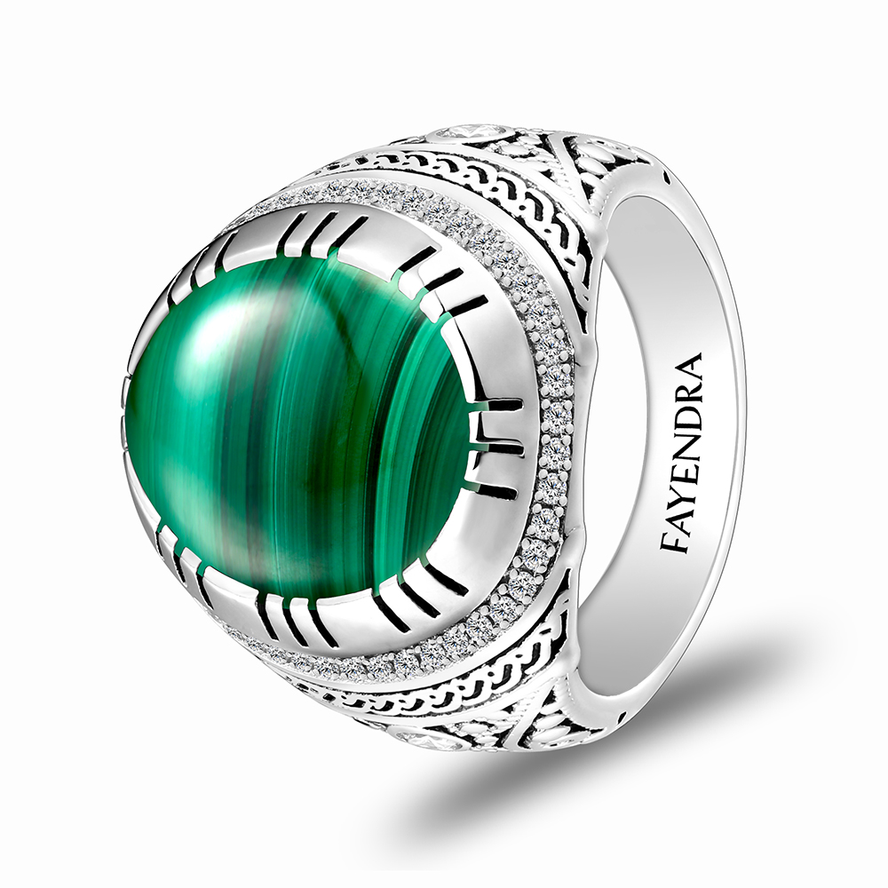 Sterling Silver 925 Ring Rhodium Plated Embedded With Malachite And White CZ