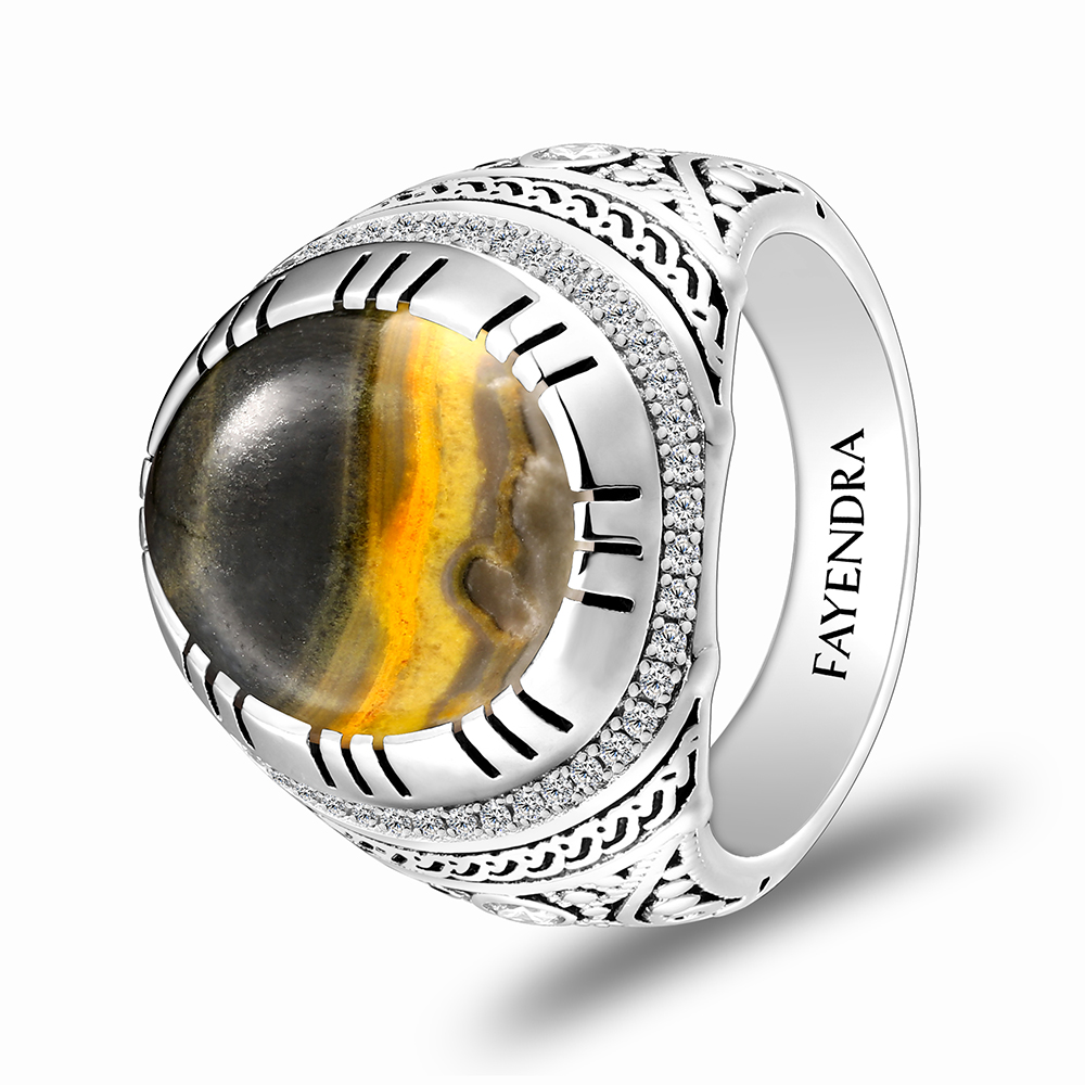 Sterling Silver 925 Ring Rhodium Plated Embedded With YELLOW TIGER EYE And White CZ