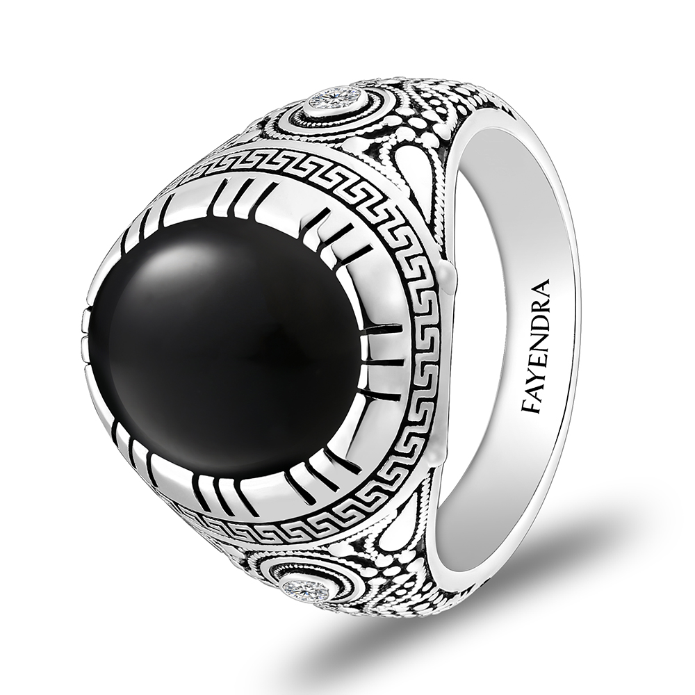 Sterling Silver 925 Ring Rhodium Plated Embedded With Black Agate And White CZ