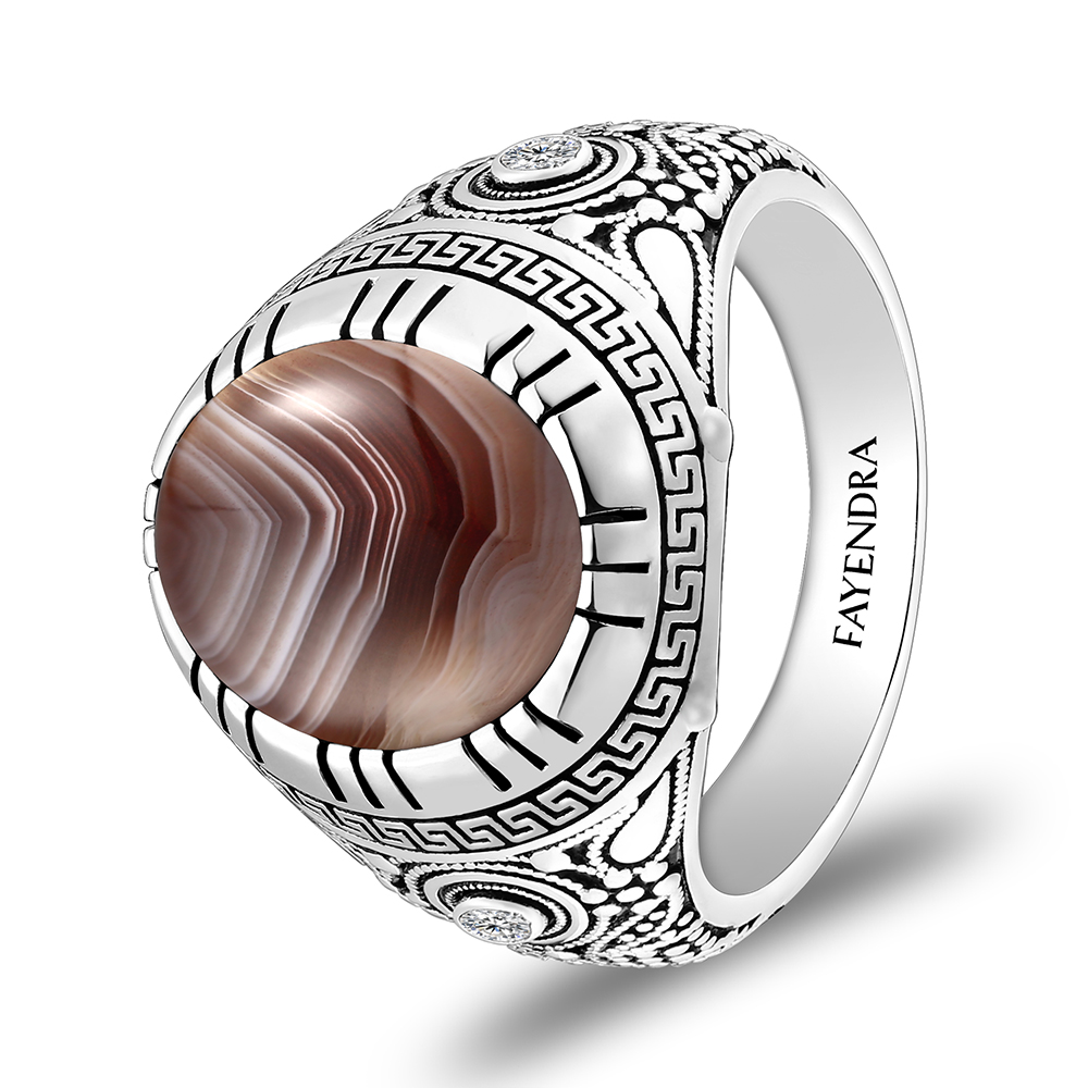 Sterling Silver 925 Ring Rhodium Plated Embedded With BOTSWANA AGATE And White CZ