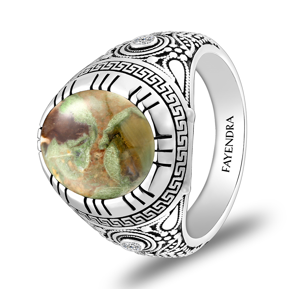 Sterling Silver 925 Ring Rhodium Plated Embedded With RHYOLITE And White CZ