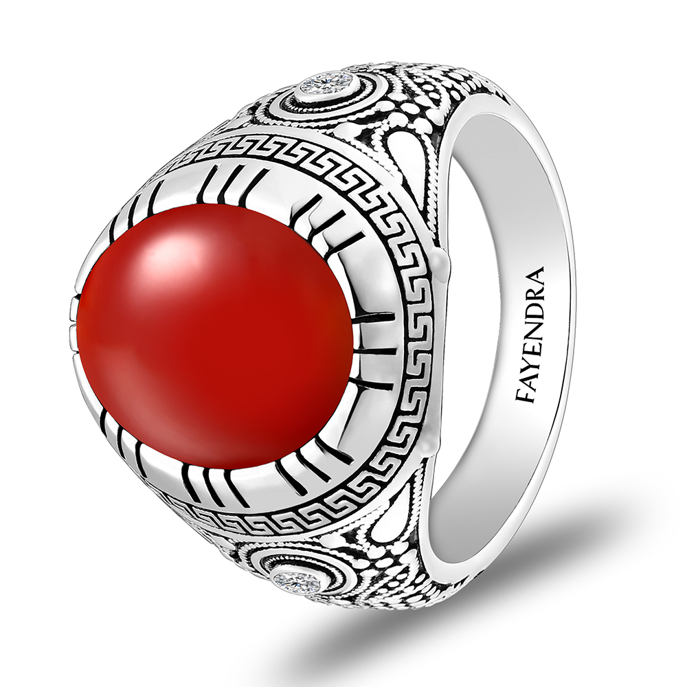 Sterling Silver 925 Ring Rhodium Plated Embedded With Red AGATE And White CZ