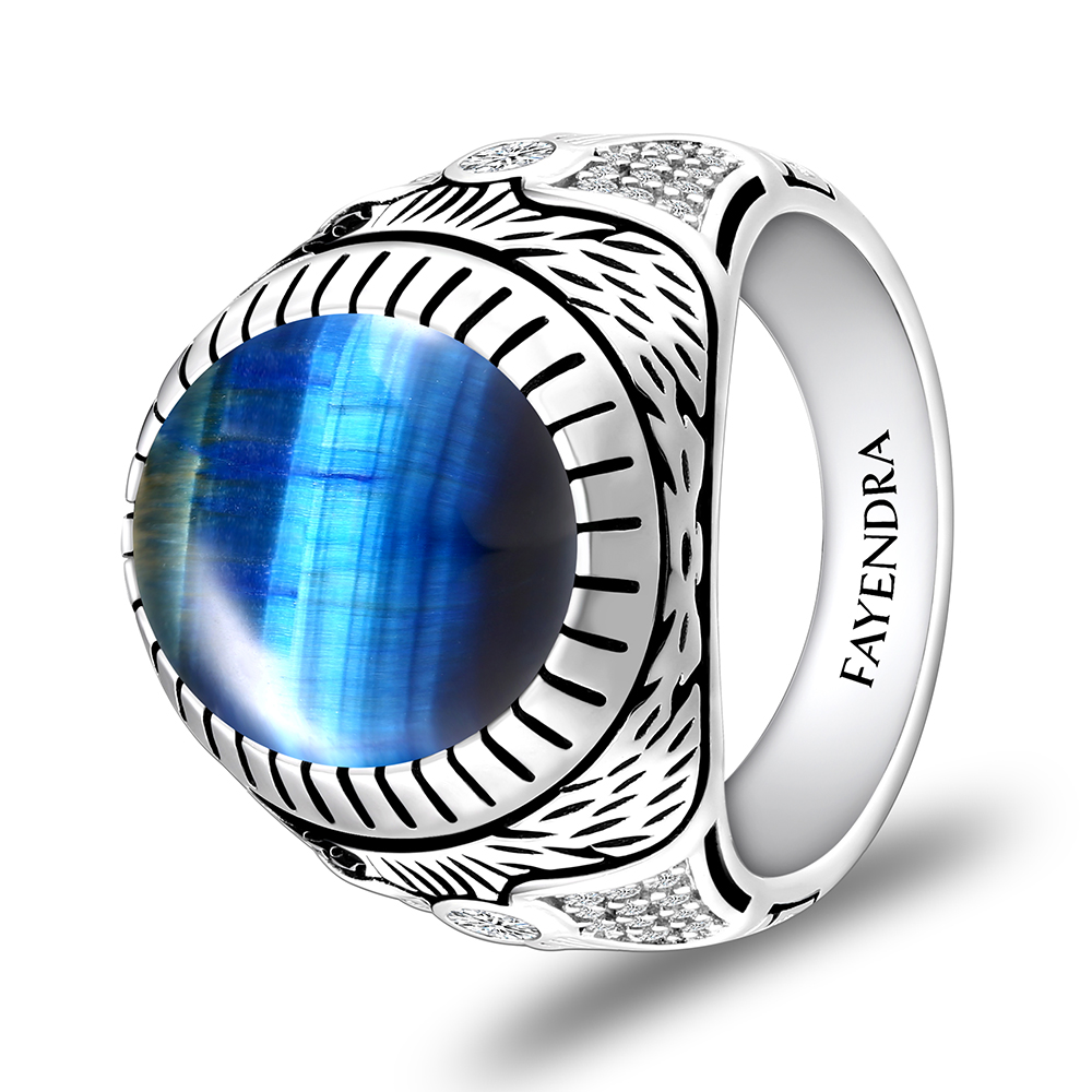 Sterling Silver 925 Ring Rhodium Plated Embedded With BLUE TIGER EYE And White CZ