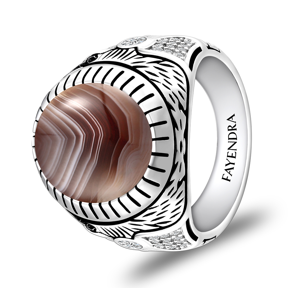 Sterling Silver 925 Ring Rhodium Plated Embedded With BOTSWANA AGATE And White CZ