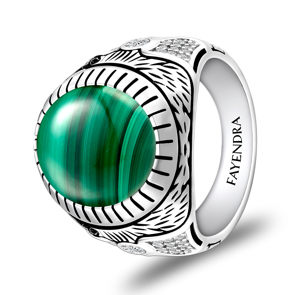 Sterling Silver 925 Ring Rhodium Plated Embedded With Malachite And White CZ