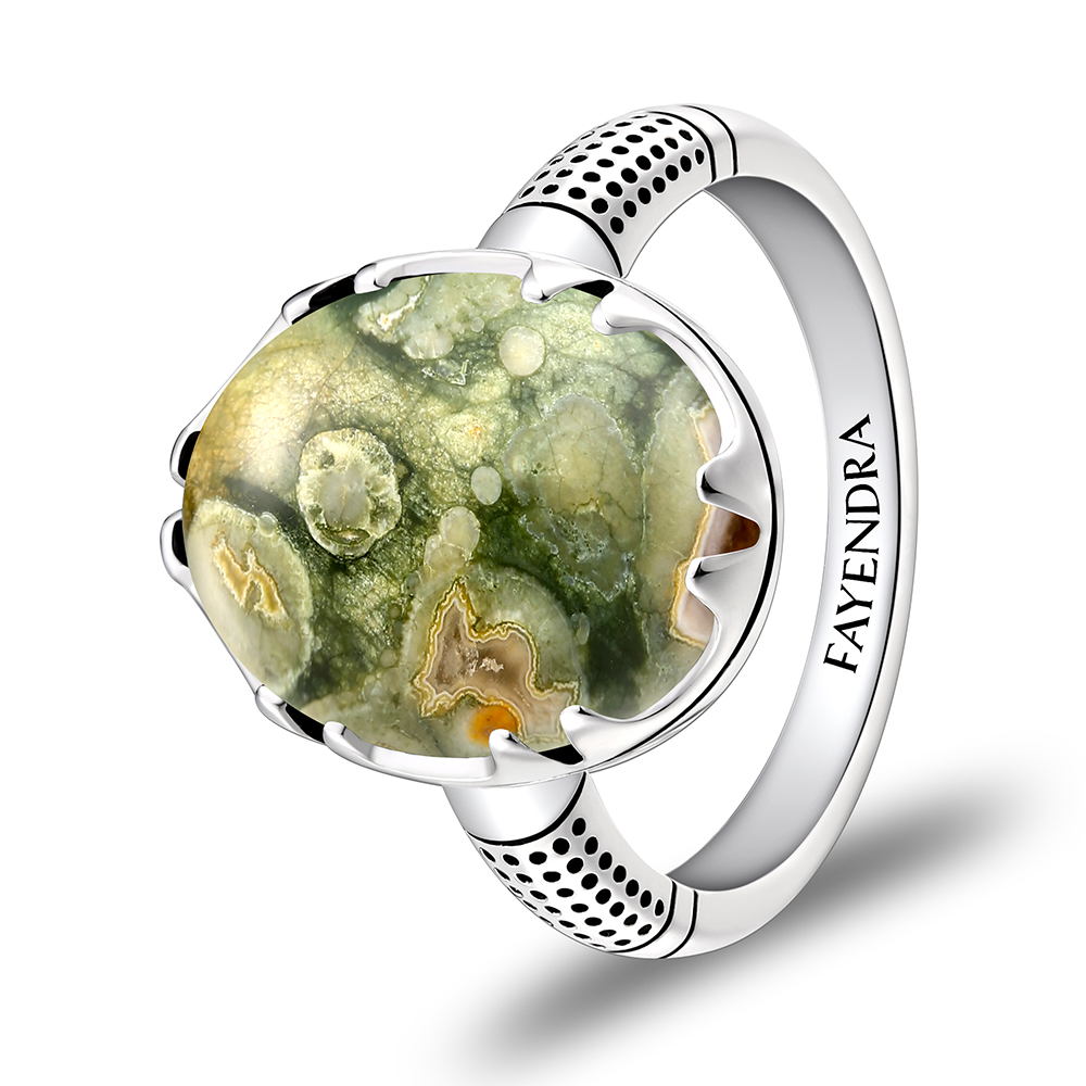 Sterling Silver 925 Ring Rhodium Plated Embedded With RHYOLITE