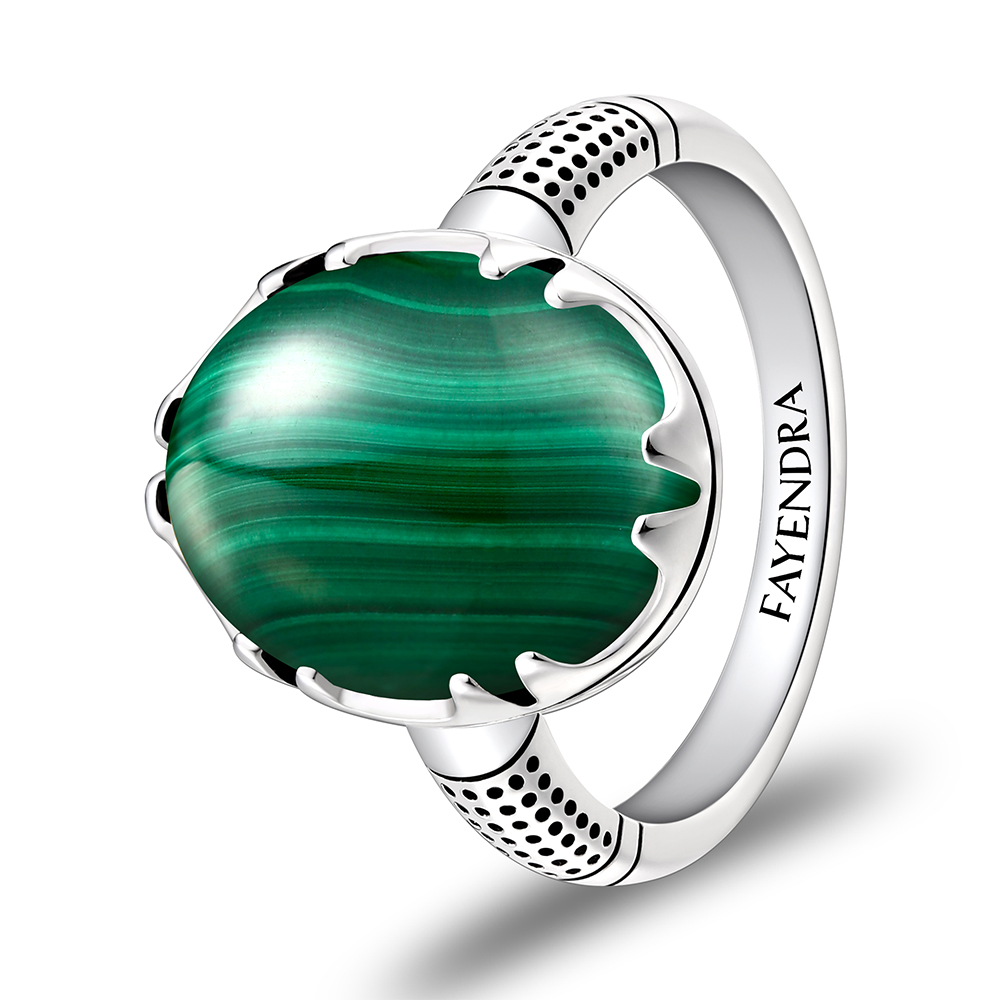 Sterling Silver 925 Ring Rhodium Plated Embedded With Malachite