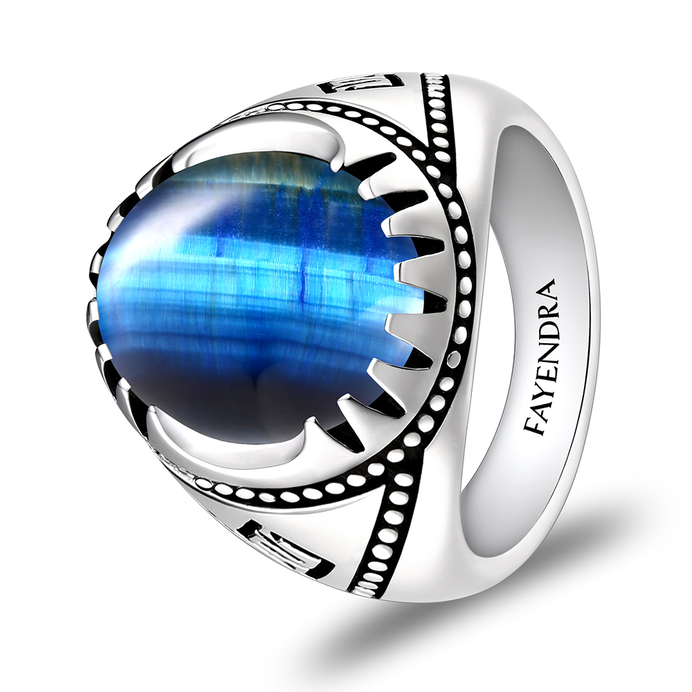 Sterling Silver 925 Ring Rhodium Plated Embedded With BLUE TIGER EYE