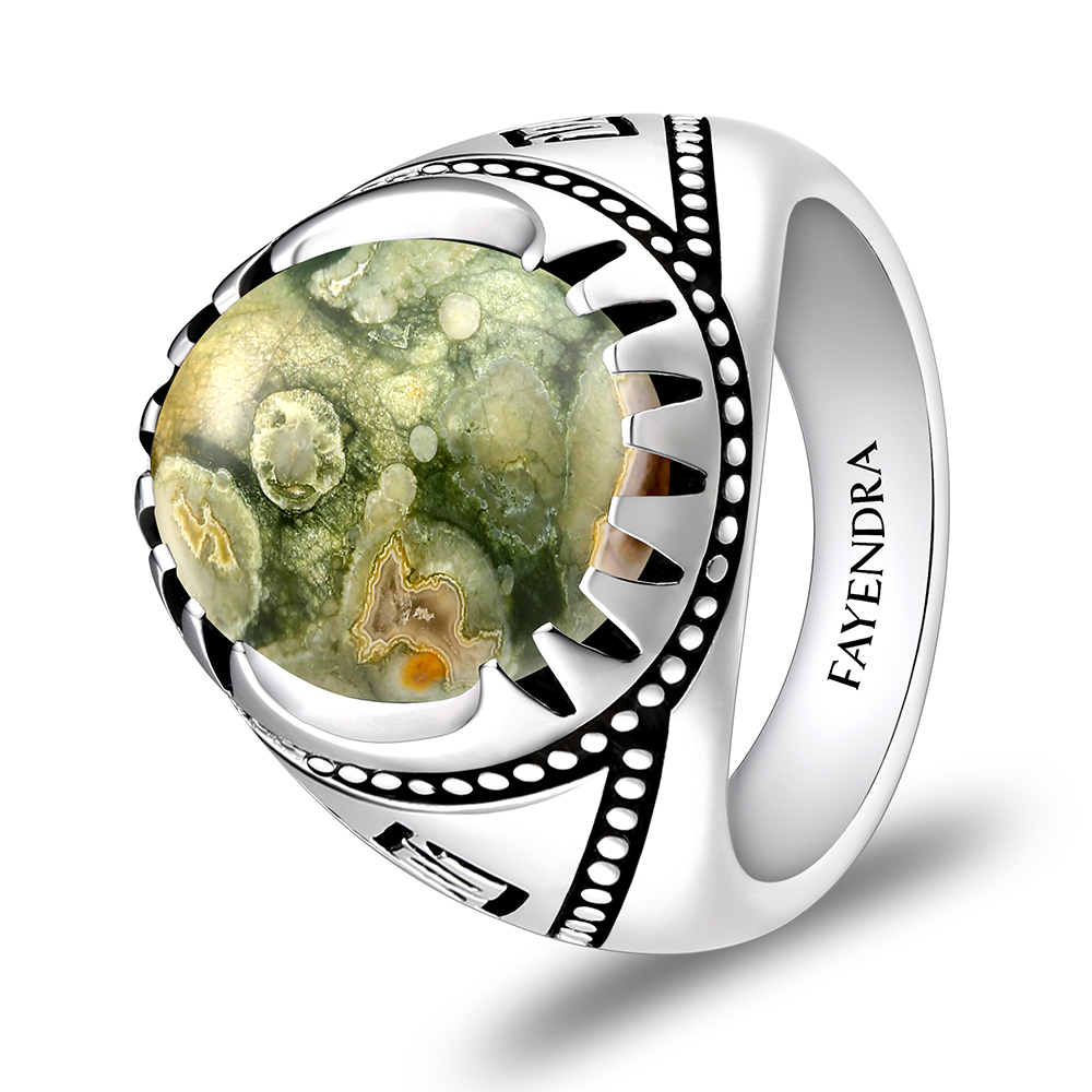 Sterling Silver 925 Ring Rhodium Plated Embedded With RHYOLITE