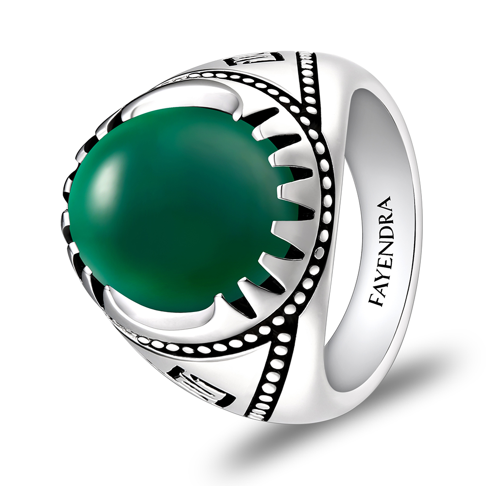 Sterling Silver 925 Ring Rhodium Plated Embedded With GREEN AGATE