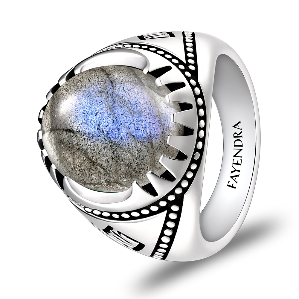 Sterling Silver 925 Ring Rhodium Plated Embedded With LABRADORITE