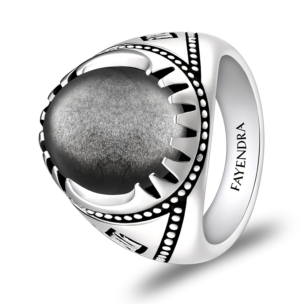 Sterling Silver 925 Ring Rhodium Plated Embedded With SILVER OBSIDIAN