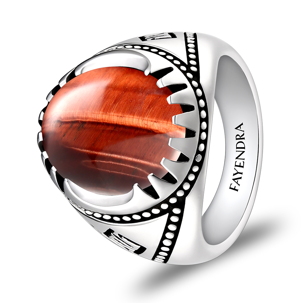 Sterling Silver 925 Ring Rhodium Plated Embedded With RED TIGER EYE