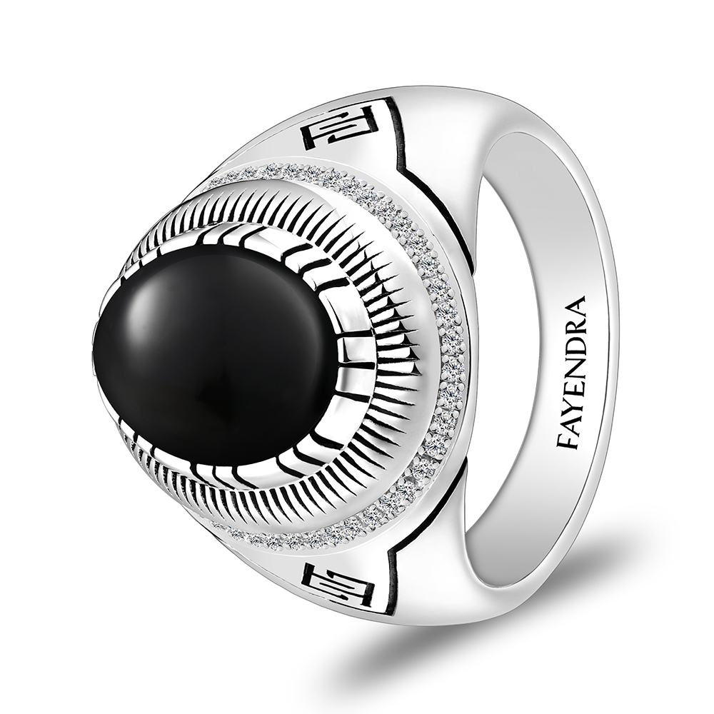 Sterling Silver 925 Ring Rhodium Plated Embedded With Black Agate And White CZ