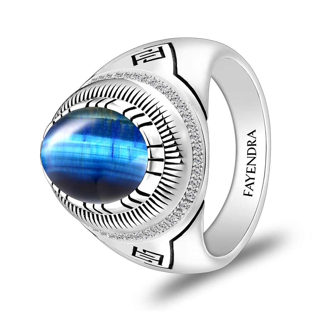 Sterling Silver 925 Ring Rhodium Plated Embedded With BLUE TIGER EYE And White CZ