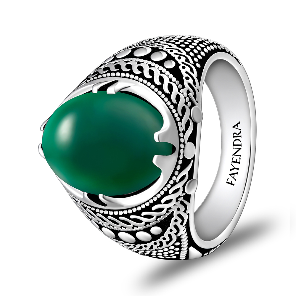 Sterling Silver 925 Ring Rhodium Plated Embedded With GREEN AGATE