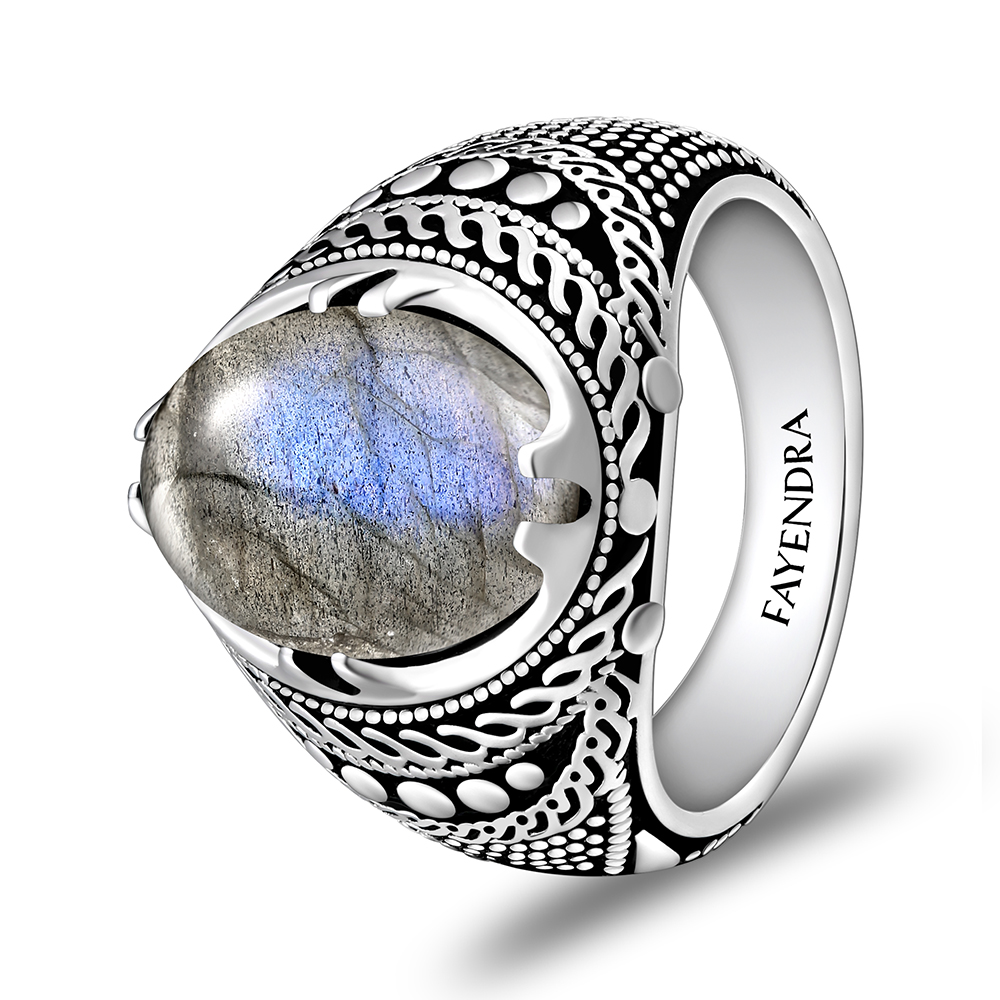 Sterling Silver 925 Ring Rhodium Plated Embedded With LABRADORITE