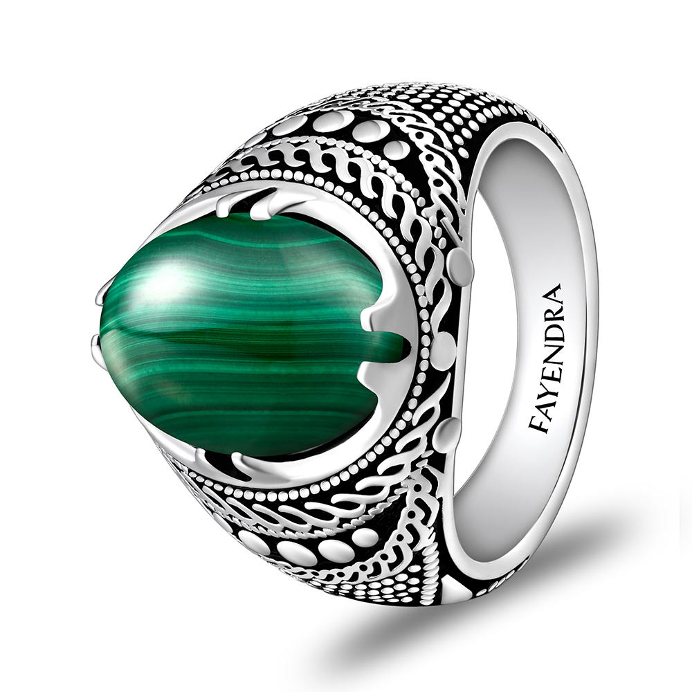 Sterling Silver 925 Ring Rhodium Plated Embedded With Malachite