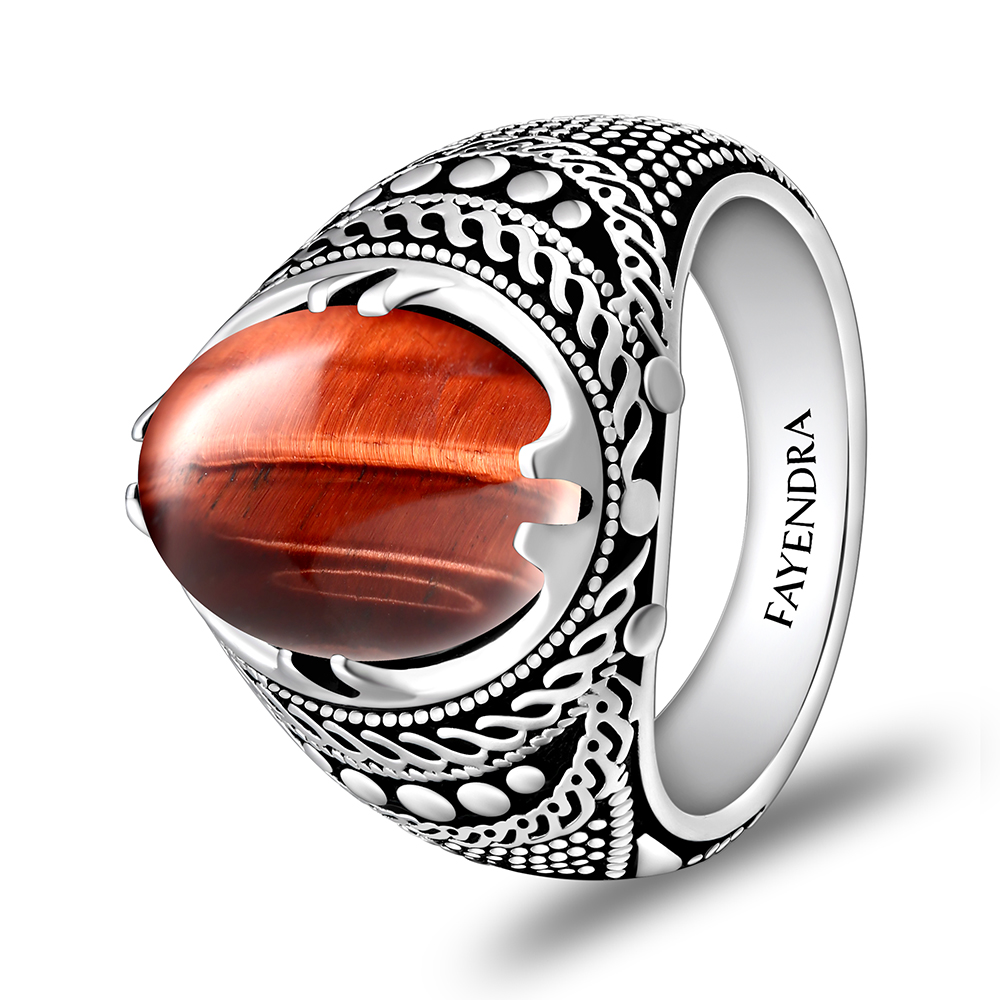 Sterling Silver 925 Ring Rhodium Plated Embedded With RED TIGER EYE