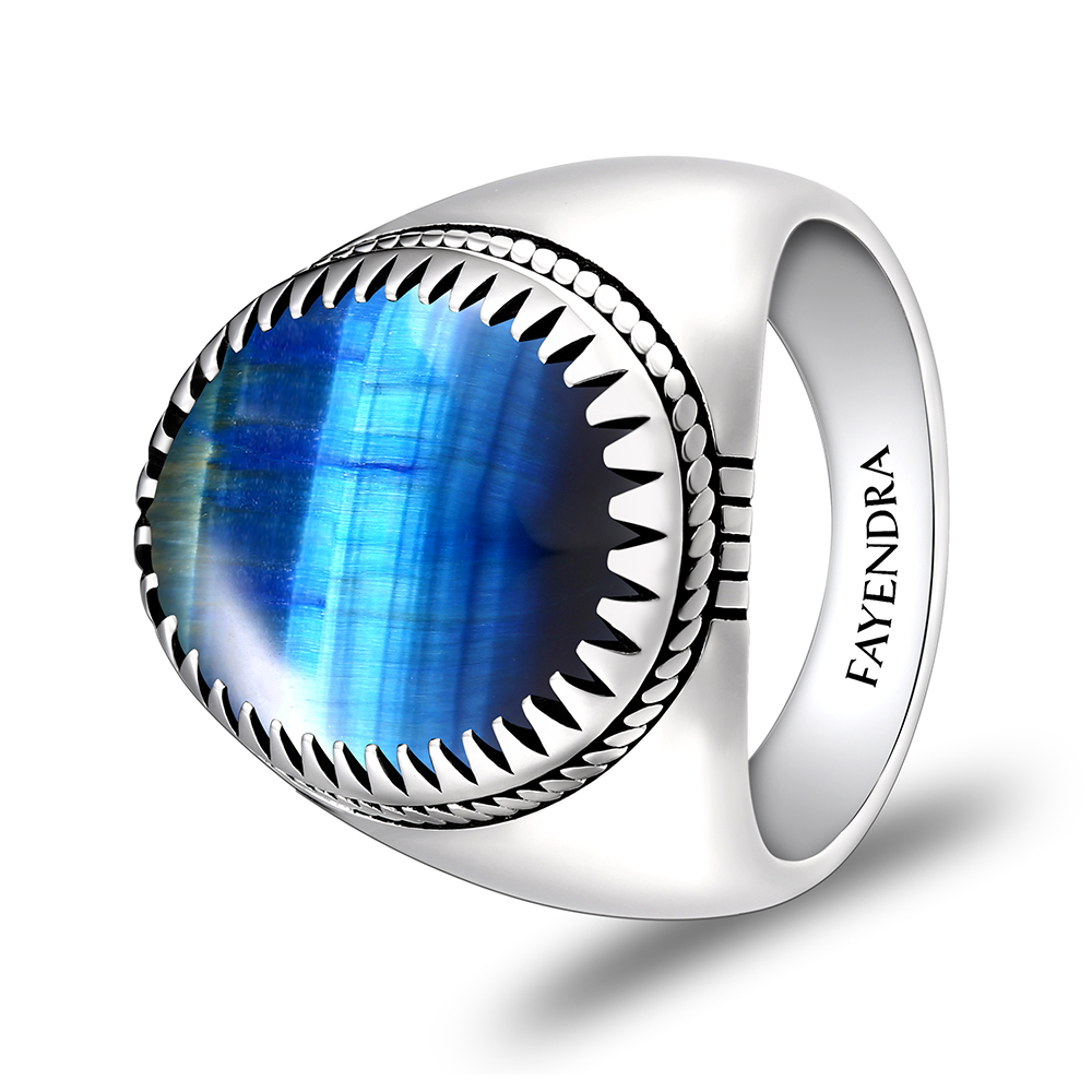 Sterling Silver 925 Ring Rhodium Plated Embedded With BLUE TIGER EYE