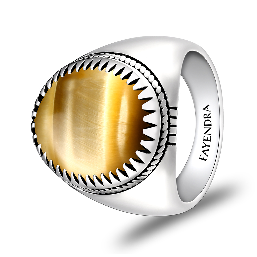 Sterling Silver 925 Ring Rhodium Plated Embedded With GOLD TIGER EYE