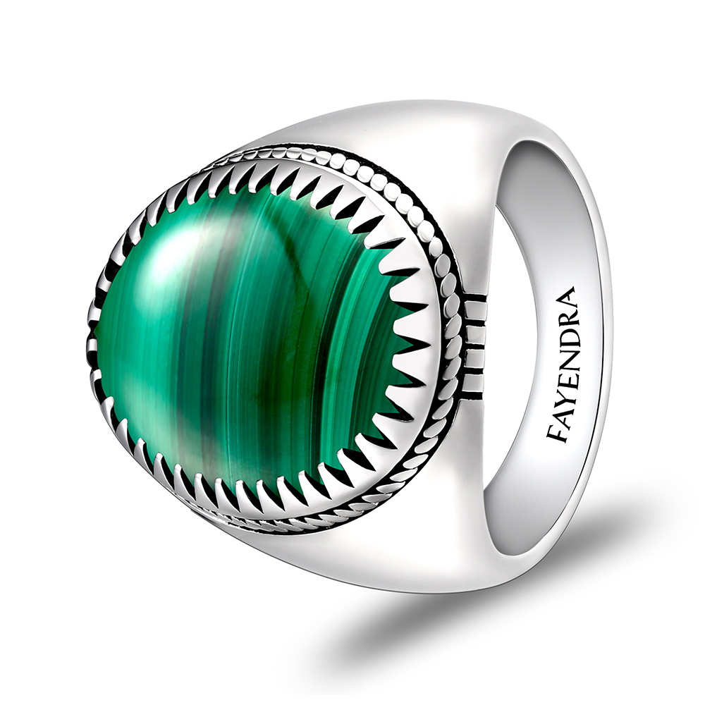 Sterling Silver 925 Ring Rhodium Plated Embedded With Malachite