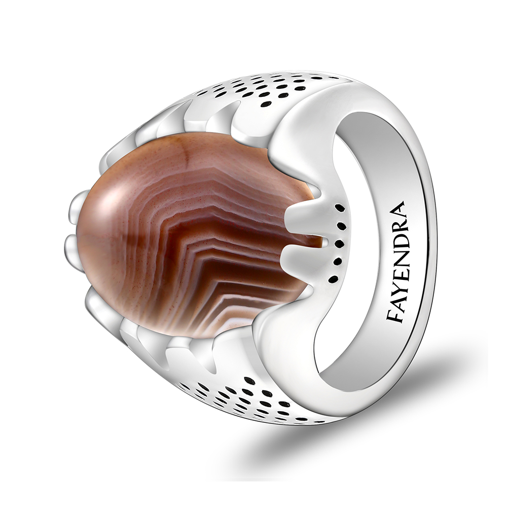 Sterling Silver 925 Ring Rhodium Plated Embedded With BOTSWANA AGATE